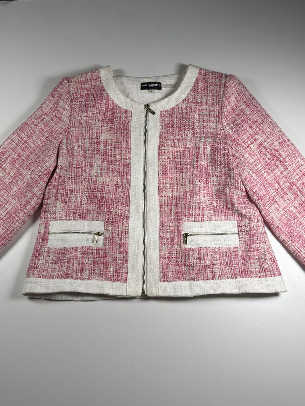Karl Lagerfeld Pink and White Tweed Zip Jacket